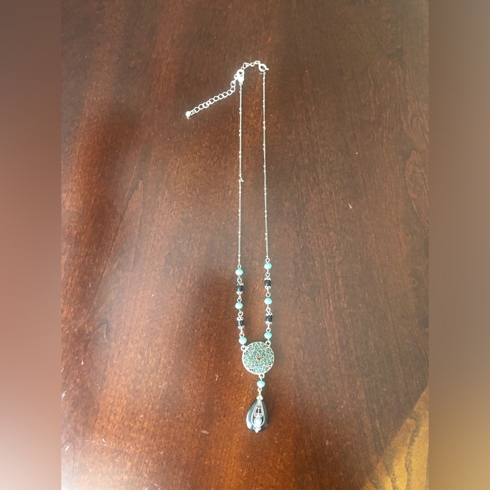 Vintage Delicate Turquoise Black and Silver Filigree Pendant Necklace - Picture 2 of 4